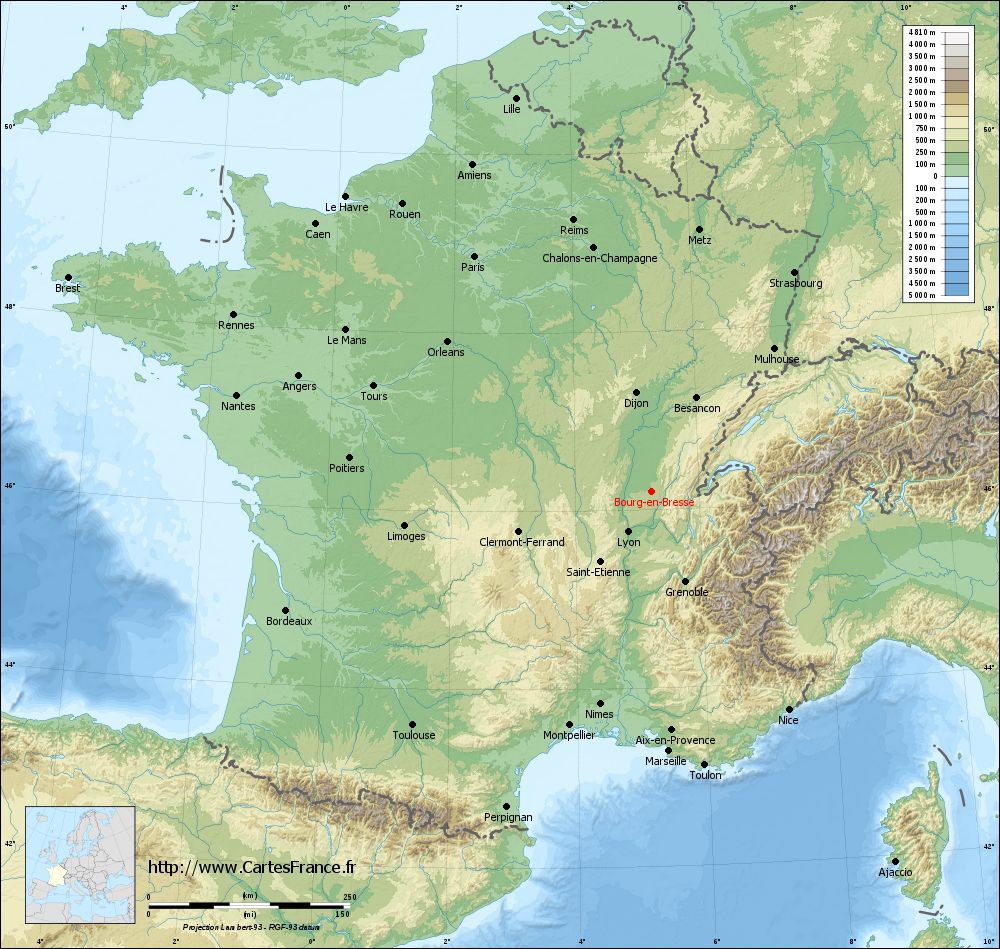 Carte du relief de Bourg-en-Bresse