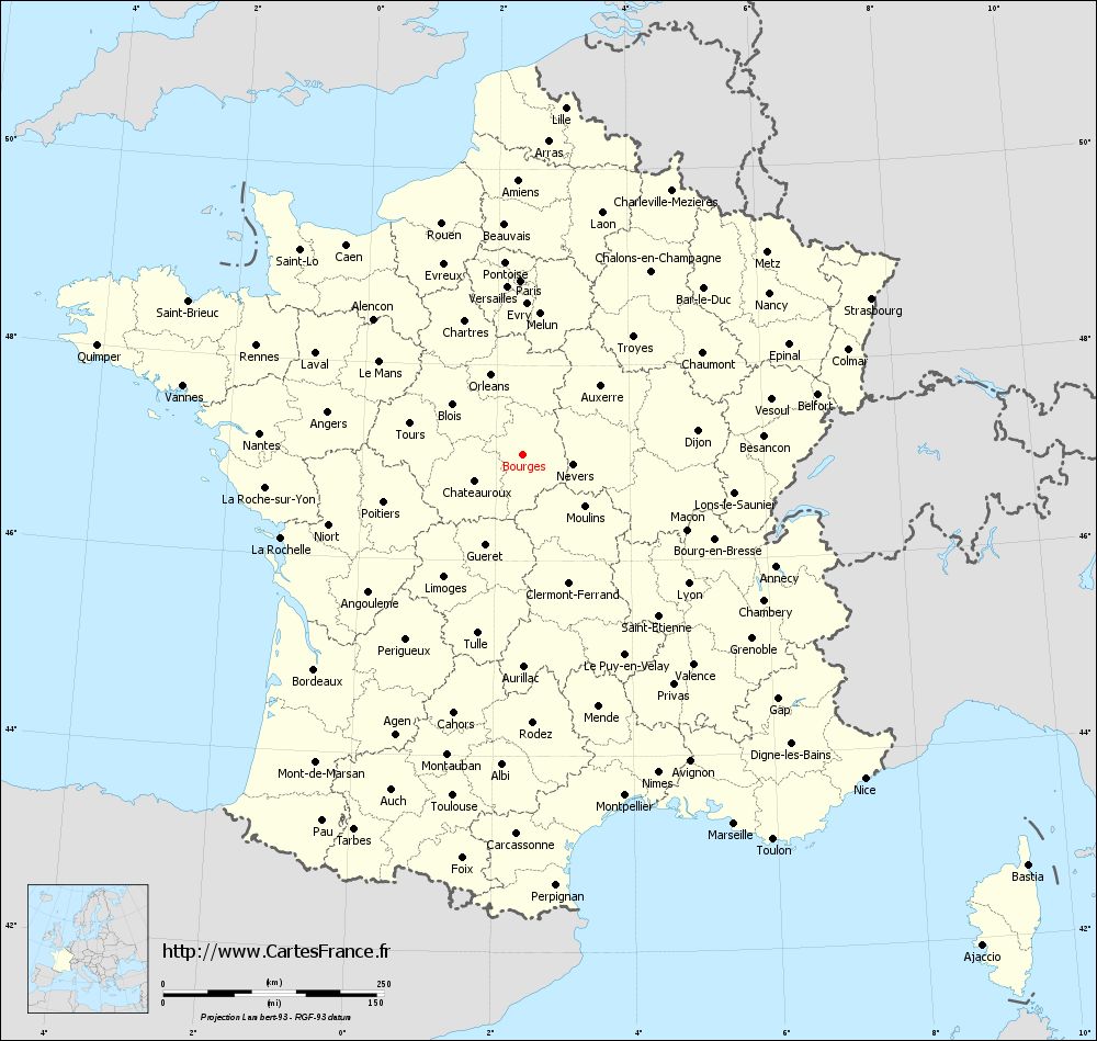 Bourges sur la carte de France des départements