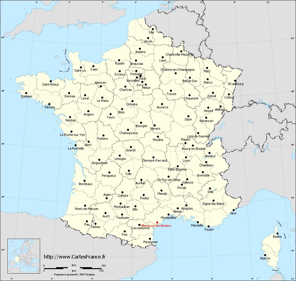 Carte administrative de Villeneuve-lès-Béziers