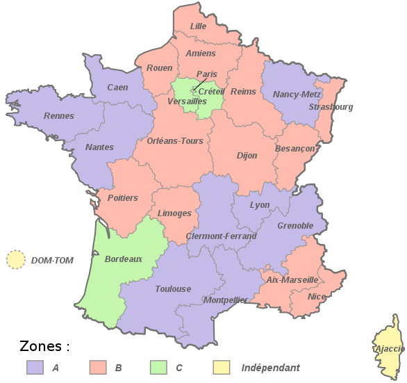 Carte des VACANCES SCOLAIRES calendrier et zones