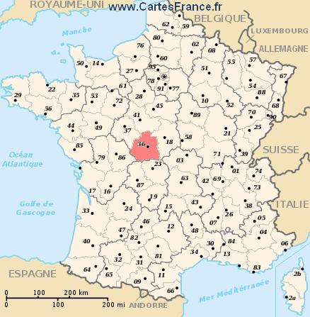 localisation du département du  36 sur la carte de France