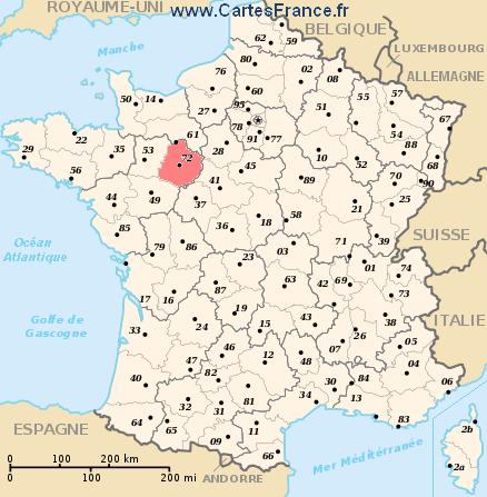 localisation du département du  72 sur la carte de France