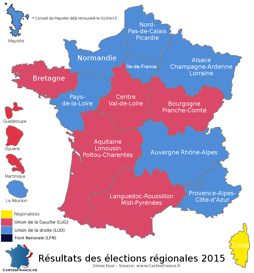 Carte élections régionales 2015 deuxième tour
