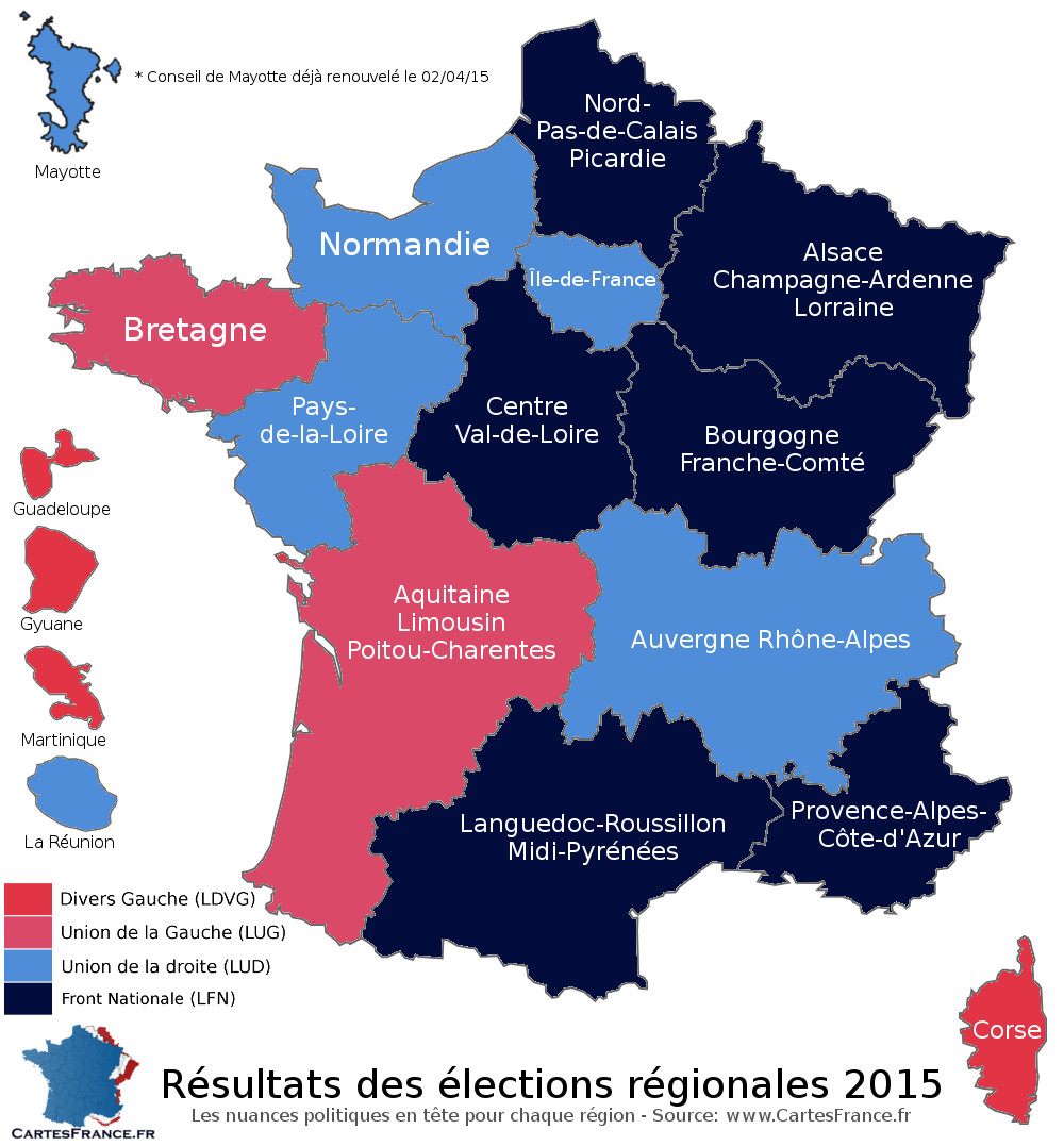  La carte des résultats du 1er Tour  (dimanche 6 décembre 2015)