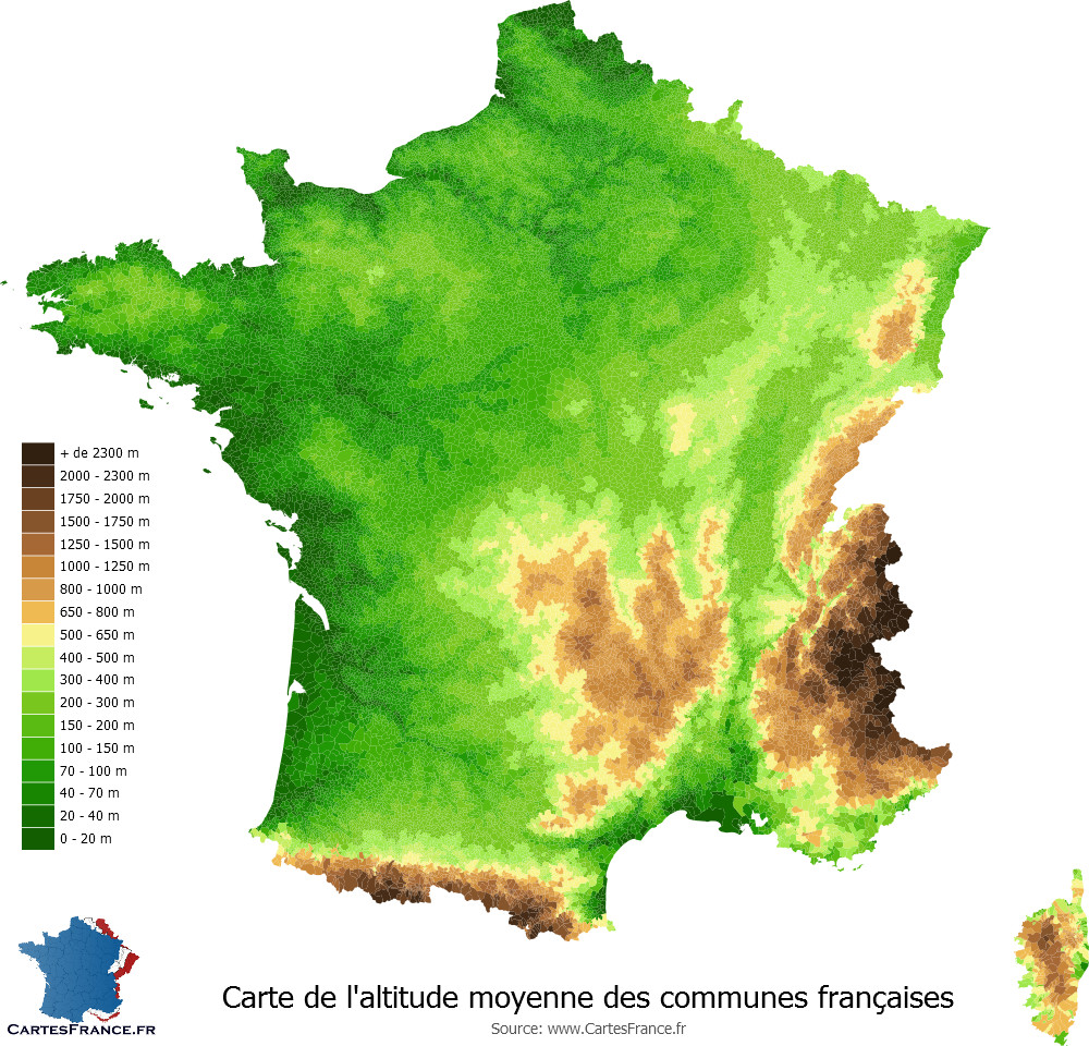 Average altitude of French communes (townships/municipalities) 1000x960 : MapPorn