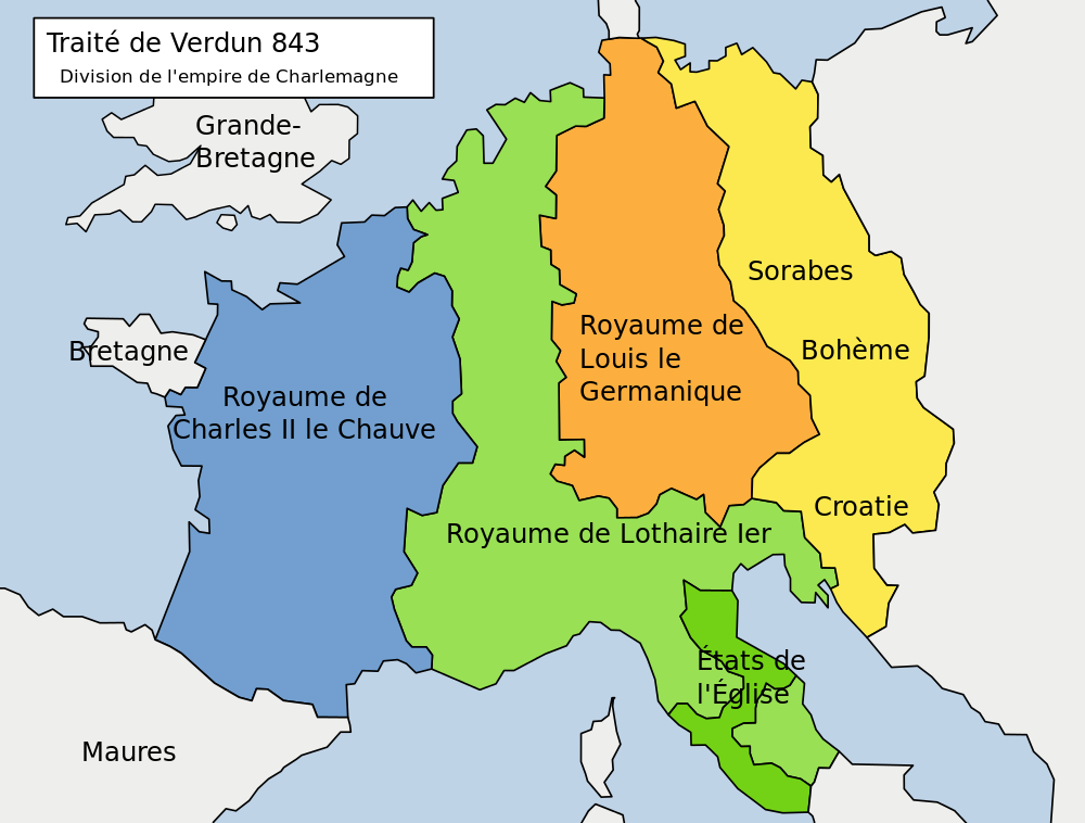 Division de l'Empire de Charlemagne au traité de verdun en 843