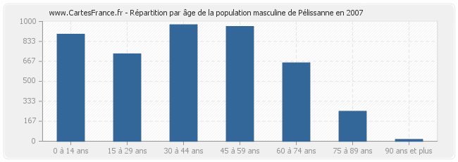 Répartition par âge de la population masculine de Pélissanne en 2007
