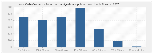 Répartition par âge de la population masculine de Pibrac en 2007