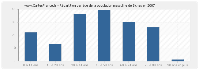 Répartition par âge de la population masculine de Biches en 2007