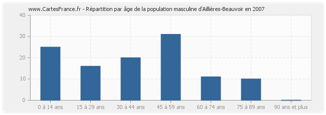 Répartition par âge de la population masculine d'Aillières-Beauvoir en 2007