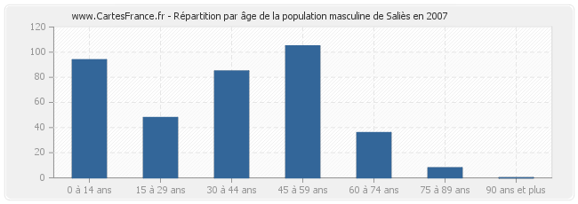 Répartition par âge de la population masculine de Saliès en 2007