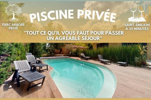Charmante maison avec parc arboré & piscine au sel : Maisons de vacances proche de Saint-Laurent-des-Hommes