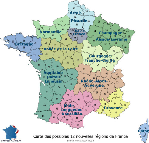 carte des 12 nouvelles regions de France