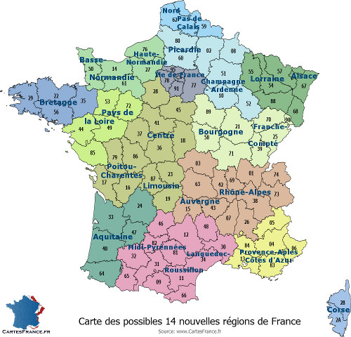 carte des 14 nouvelles régions de france