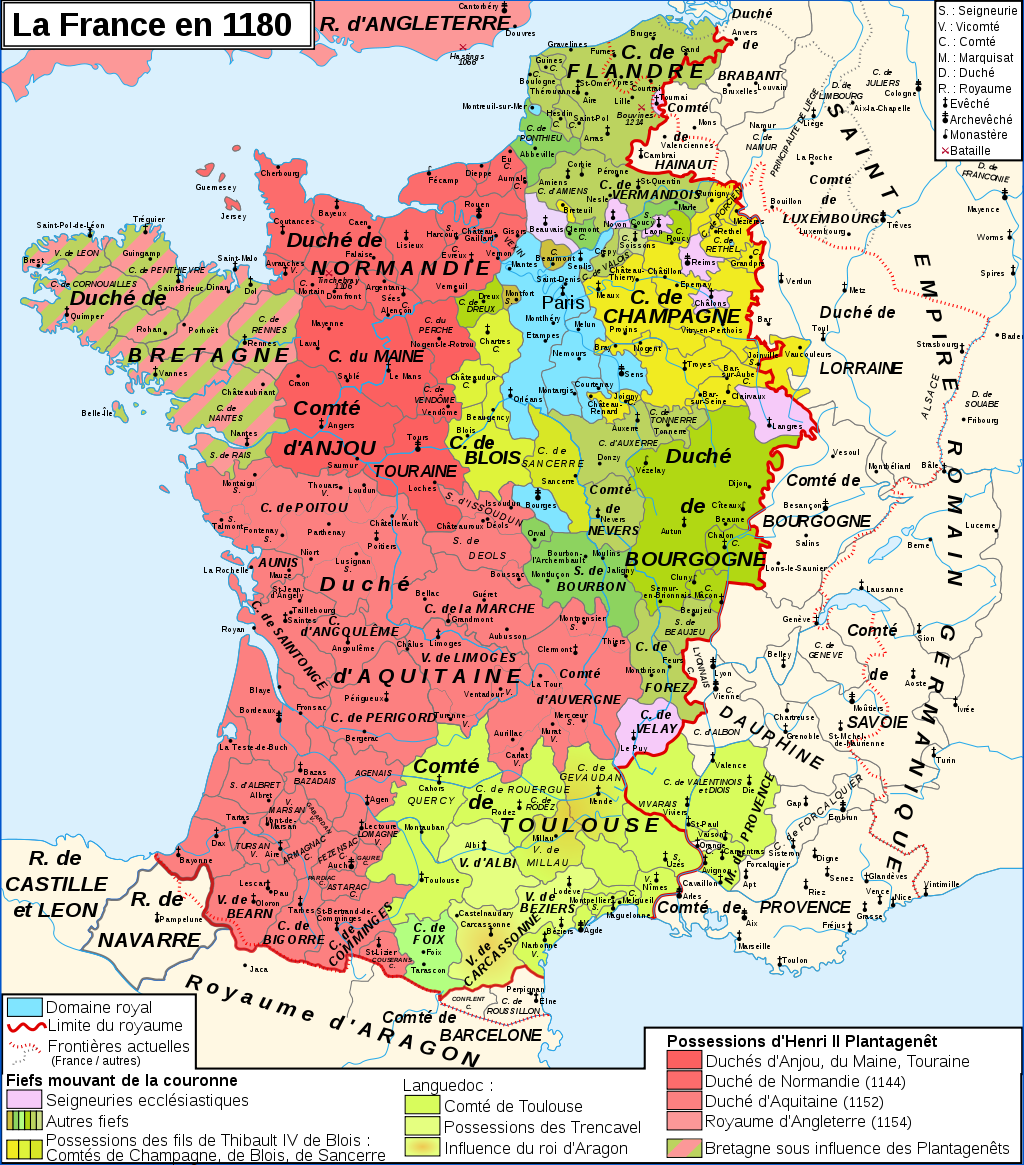 carte royaume capetiens france 1180