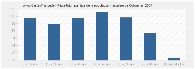 Répartition par âge de la population masculine de Coligny en 2007