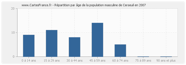 Répartition par âge de la population masculine de Cerseuil en 2007