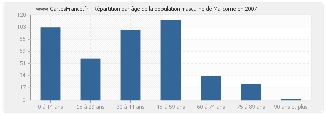Répartition par âge de la population masculine de Malicorne en 2007