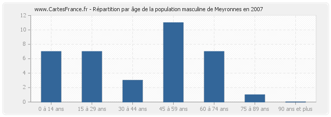Répartition par âge de la population masculine de Meyronnes en 2007