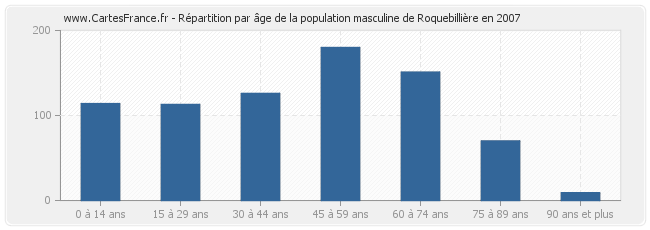 Répartition par âge de la population masculine de Roquebillière en 2007