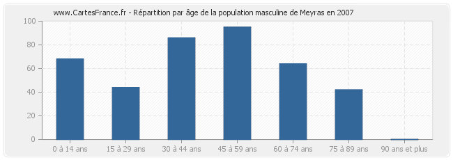 Répartition par âge de la population masculine de Meyras en 2007