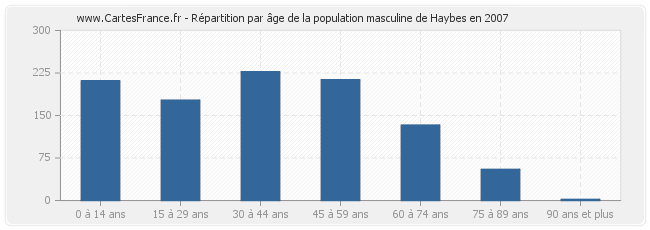 Répartition par âge de la population masculine de Haybes en 2007