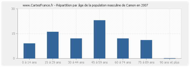 Répartition par âge de la population masculine de Camon en 2007