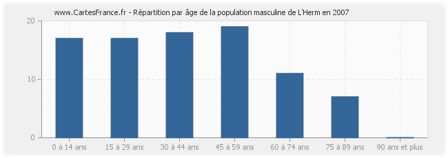 Répartition par âge de la population masculine de L'Herm en 2007