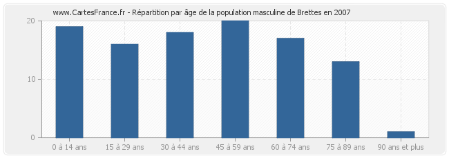 Répartition par âge de la population masculine de Brettes en 2007