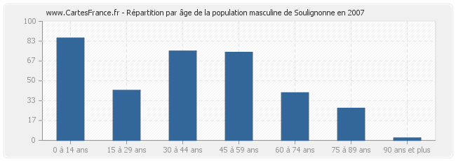 Répartition par âge de la population masculine de Soulignonne en 2007