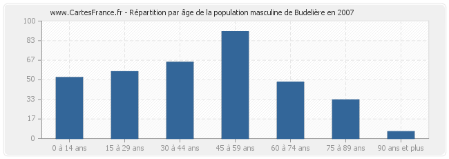 Répartition par âge de la population masculine de Budelière en 2007