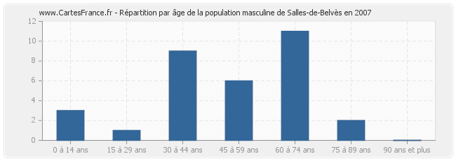 Répartition par âge de la population masculine de Salles-de-Belvès en 2007