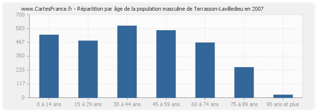 Répartition par âge de la population masculine de Terrasson-Lavilledieu en 2007