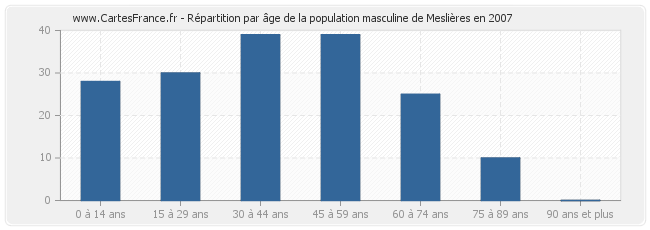 Répartition par âge de la population masculine de Meslières en 2007