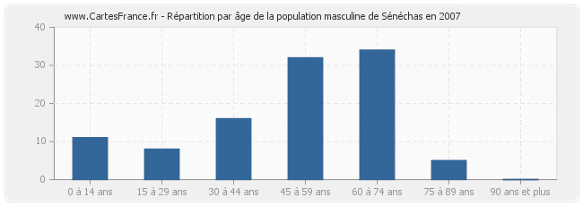 Répartition par âge de la population masculine de Sénéchas en 2007