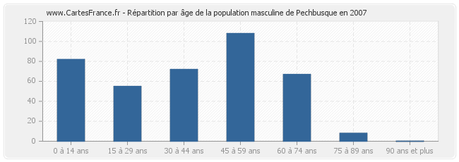 Répartition par âge de la population masculine de Pechbusque en 2007