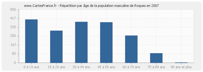 Répartition par âge de la population masculine de Roques en 2007