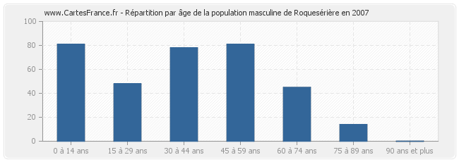 Répartition par âge de la population masculine de Roquesérière en 2007