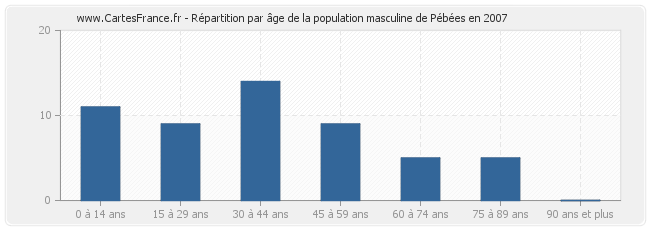 Répartition par âge de la population masculine de Pébées en 2007