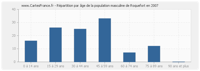 Répartition par âge de la population masculine de Roquefort en 2007