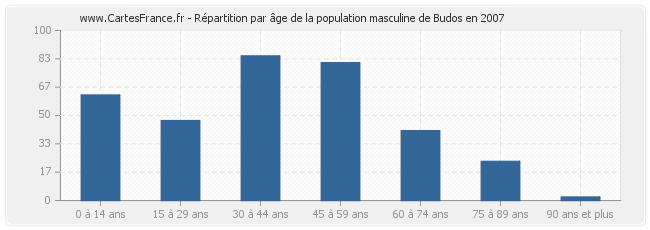 Répartition par âge de la population masculine de Budos en 2007