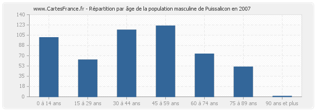 Répartition par âge de la population masculine de Puissalicon en 2007