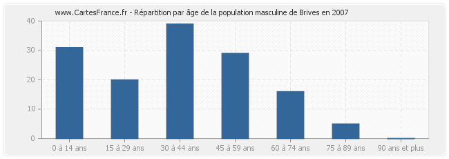 Répartition par âge de la population masculine de Brives en 2007