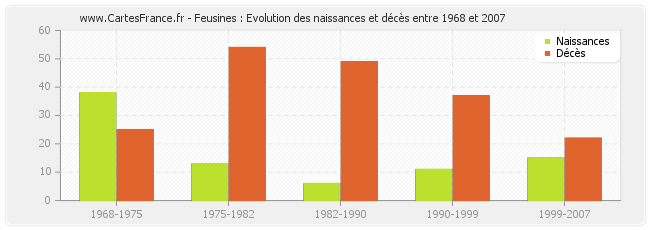 Feusines : Evolution des naissances et décès entre 1968 et 2007