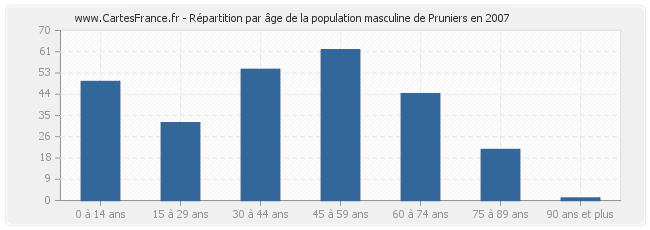 Répartition par âge de la population masculine de Pruniers en 2007