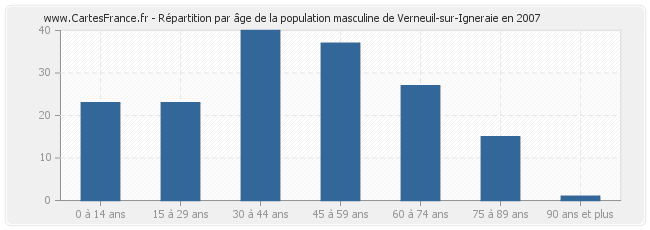 Répartition par âge de la population masculine de Verneuil-sur-Igneraie en 2007