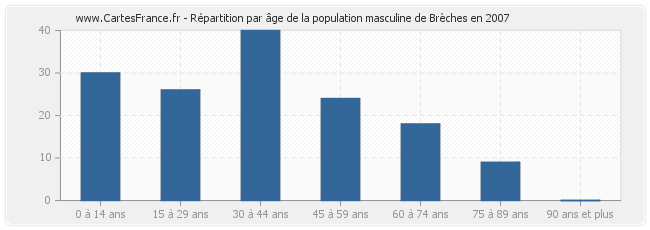 Répartition par âge de la population masculine de Brèches en 2007