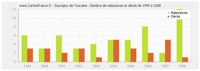 Souvigny-de-Touraine : Nombre de naissances et décès de 1999 à 2008