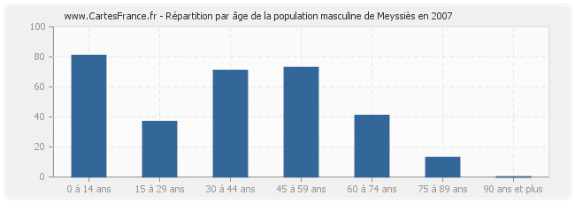 Répartition par âge de la population masculine de Meyssiès en 2007