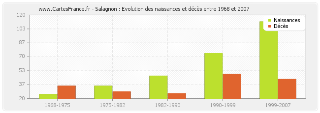Salagnon : Evolution des naissances et décès entre 1968 et 2007